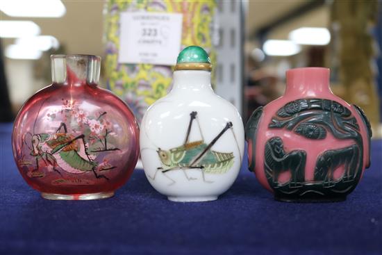 Three Chinese snuff bottles and a yellow ground Chinese vase